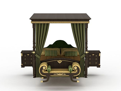 3d美式实木四柱床幔公主床免费模型