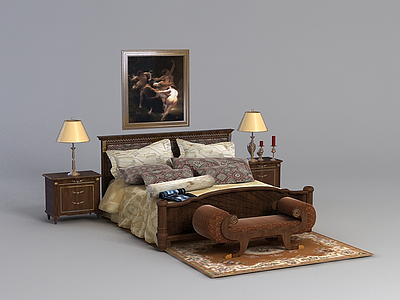 3d复古欧式双人床床具组合免费模型