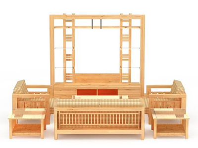3d实木沙发茶几电视柜组合免费模型