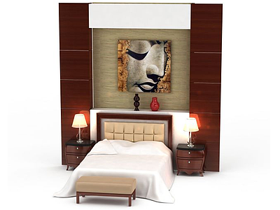 3d精美卧室背景墙双人床免费模型