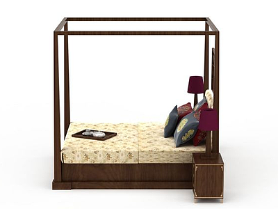 3d中式实木双人床免费模型