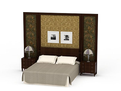 3d卧室大双人床组合免费模型
