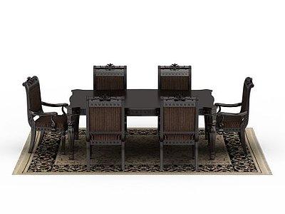 3d中式实木雕花餐桌餐椅组合模型