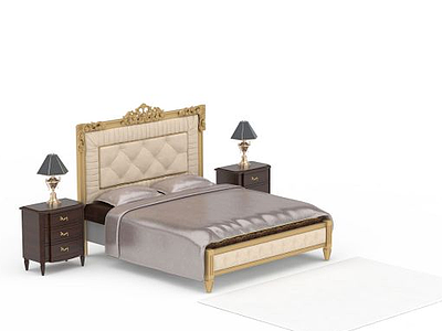 3d美式实木雕花双人床模型