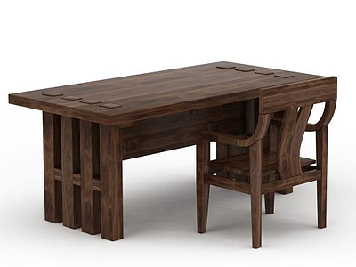 3d中式实木书桌书椅模型
