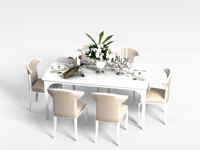 简约白色欧式餐桌餐椅组合模型