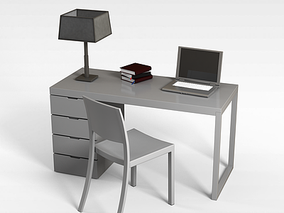 现代实木居家办公电脑桌椅组合模型