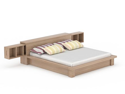 3d简约实木床头柜双人床组合模型