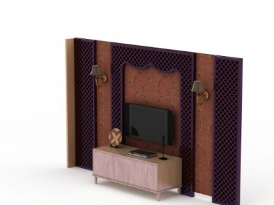 3d精美紫色木雕電視柜背景墻模型
