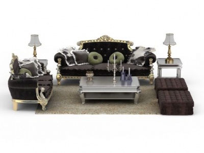 3d高档美式软包灰色布艺沙发茶几组合模型