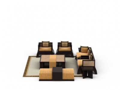 3d中式典雅实木沙发茶几组合模型
