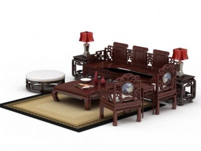 3d精美中式红木雕花沙发模型