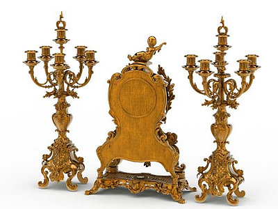3d豪华欧式金色雕花座钟烛台免费模型