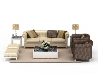 3d精美美式软包沙发茶几组合模型