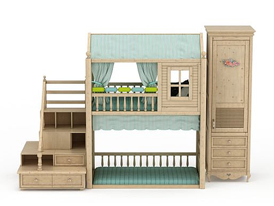 3d精品实木儿童床柜组合免费模型
