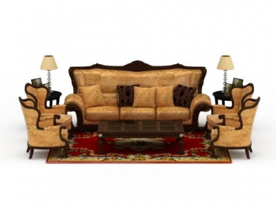 3d精美欧式印花布艺沙发茶几组合模型