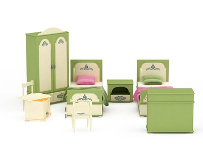 时尚绿色儿童家具床柜组合模型3d模型