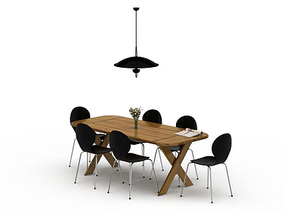 3d现代实木餐桌黑色餐椅套装模型