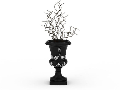 3d精美黑色雕花花盆干枝盆栽模型