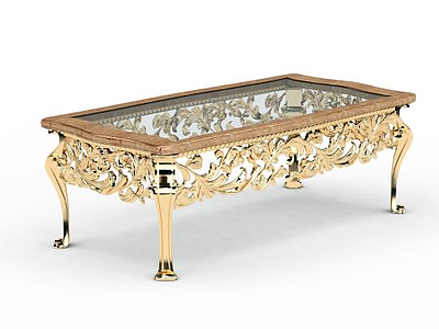 3d豪华金色雕花钢化玻璃桌模型