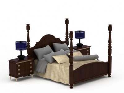 3d欧式实木带帐椎双人床免费模型