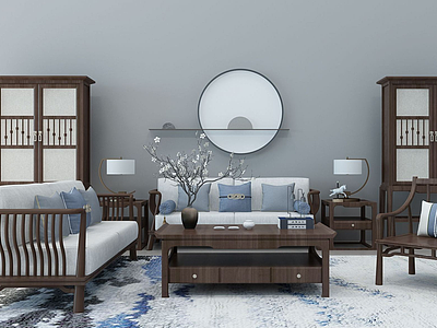 3d新中式沙发茶几装饰柜模型