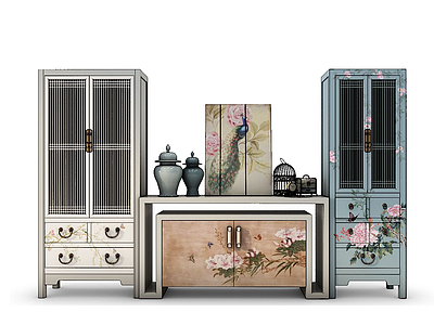 3d新中式彩绘装饰柜模型