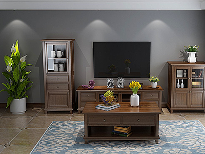 3d美式欧式实木电视柜茶几模型