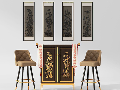 3d中式装饰柜花鸟浮雕模型