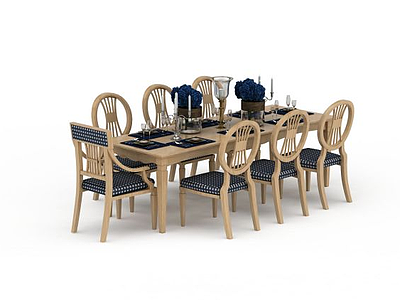 3d实木多人餐桌模型