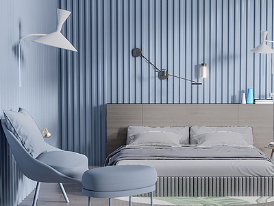 蓝系卧室双人床模型3d模型
