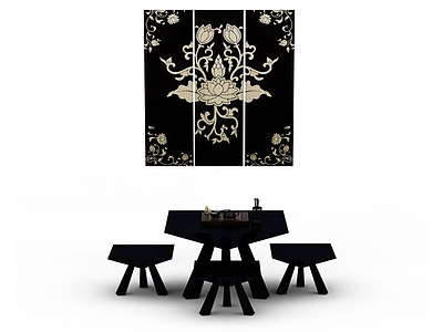 3d精美黑色中式桌椅套装免费模型
