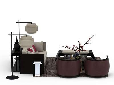 3d中式风格沙发茶几组合免费模型