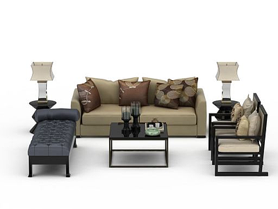 3d新中式沙发茶几组合模型