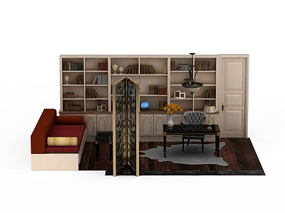3d现代风格书房沙发茶几组合模型