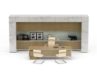 3d时尚大型实木书柜办公桌椅组合免费模型