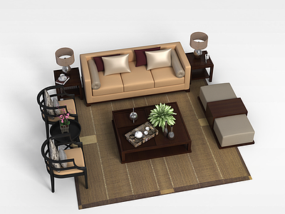 中式沙发茶几组合模型3d模型