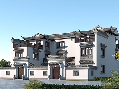 3d中式别墅双拼模型