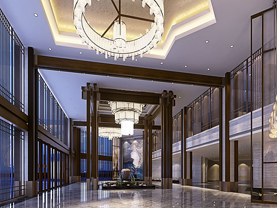 3d中式酒店大堂模型