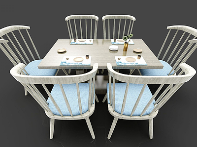 3d田园简约多人餐桌椅模型