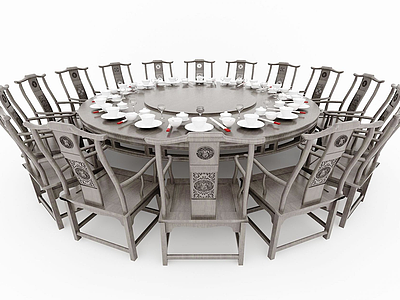 3d中式圆形餐桌椅模型