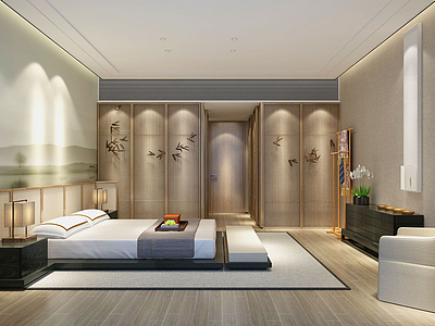 3d中式风格酒店客房模型