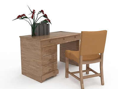 3d中式简约实木书房桌椅免费模型