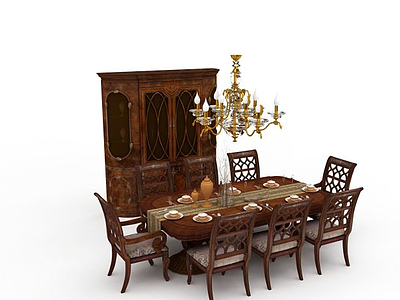 3d中式实木餐桌椅组合免费模型