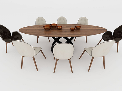 3d现代多人圆形餐桌椅模型