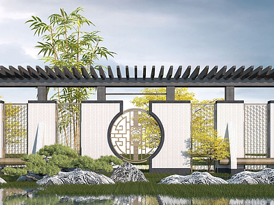中式景墙廊架模型3d模型