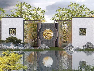 3d新中式园林景墙模型