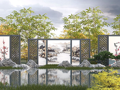 3d新中式园林景墙,屏风模型