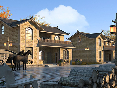 3d中式别墅乡村民居模型