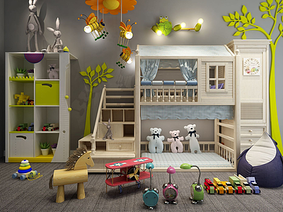 3d现代儿童房双层床玩具组合模型